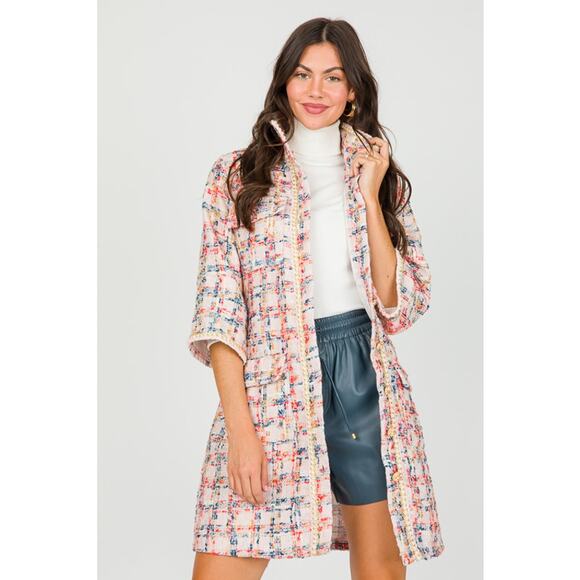 Easel Tweed Belted Shirt Dress/Coat, Teal Blush - Picture 1 of 11